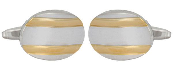 Rhodium Plated Oval Cufflinks with Curved Face and Gold Plated Lines