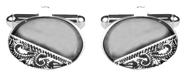 Oval Third Engraved Design Rhodium Cufflinks