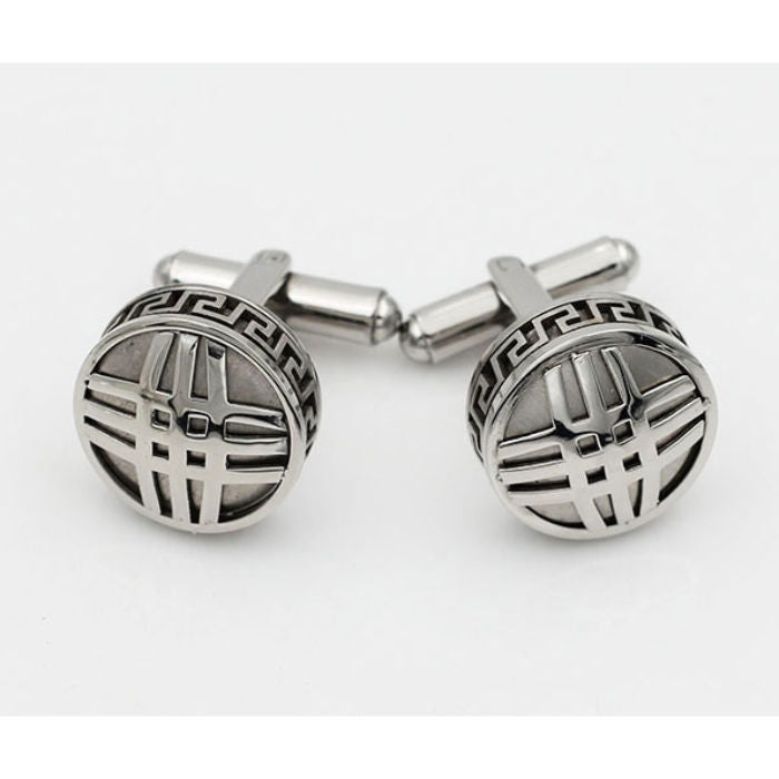 Round Stainless Steel Greek Key Cufflinks - 960068