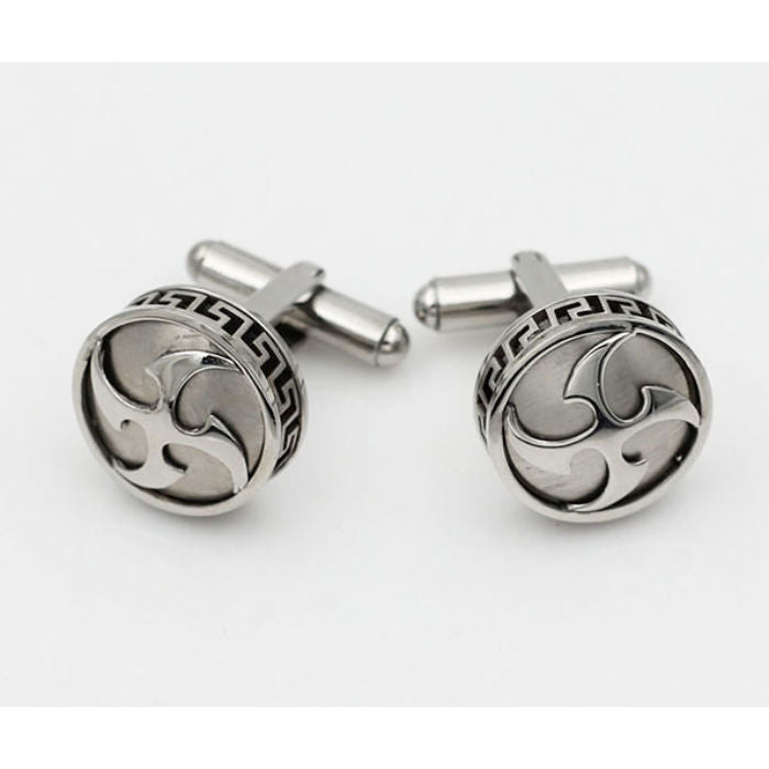 Round Stainless Steel Greek Key Cufflinks - 960077