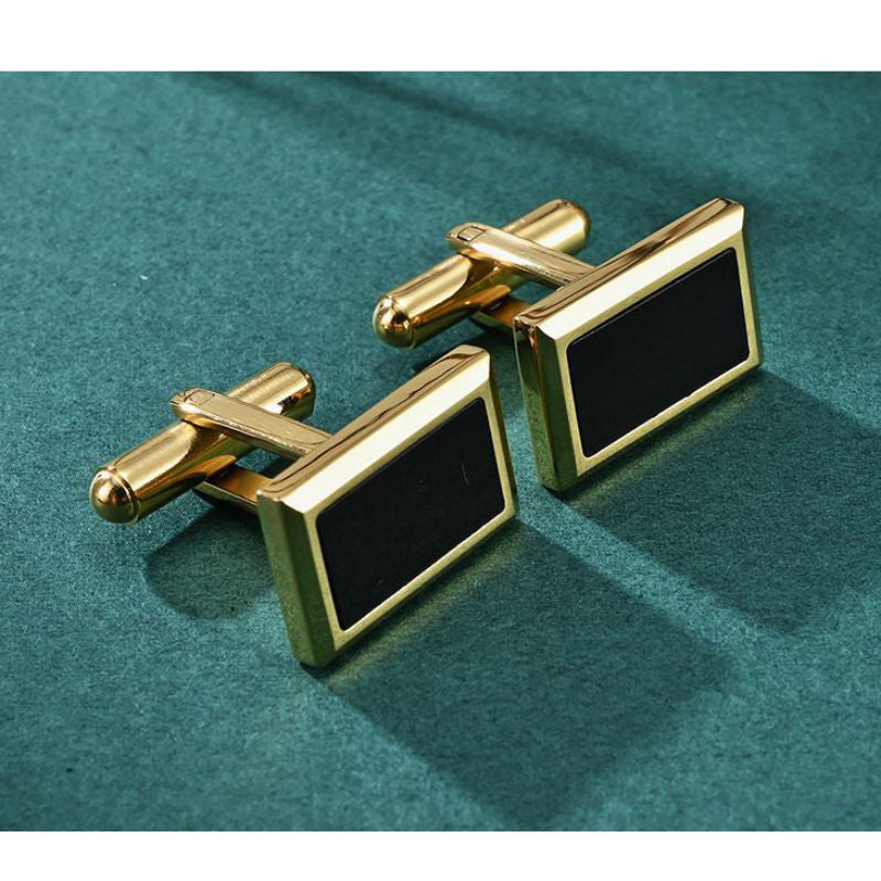 Gold Rectangular Stainless and Black Stone Cufflinks - A00007