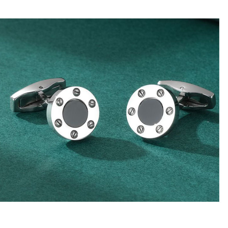 Round Stainless Steel Cufflinks With Screws and Black Stone - A00009
