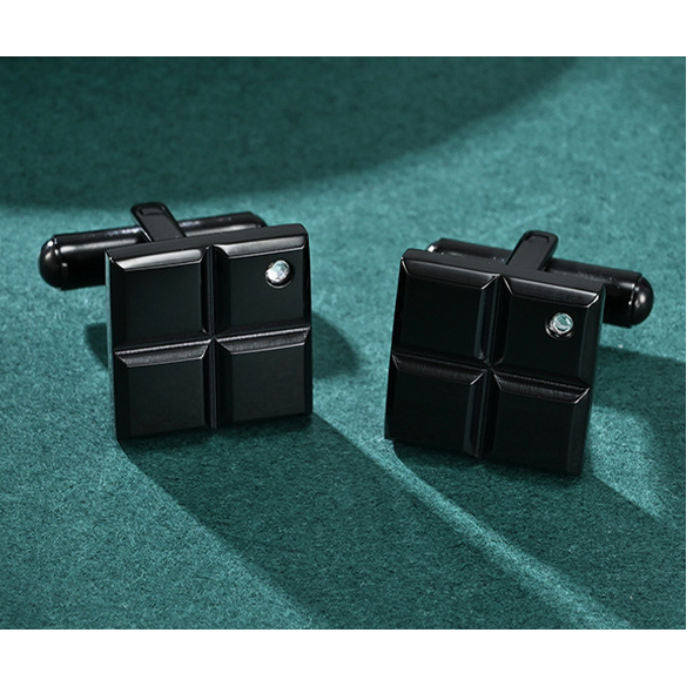 Square Stainless Steel Cufflinks With Black Ion Plating and CZ - A00023