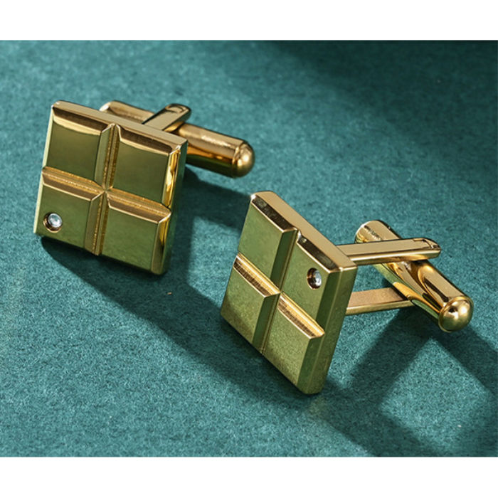 Square Stainless Steel Cufflinks With Gold Ion Plating and CZ - A00025