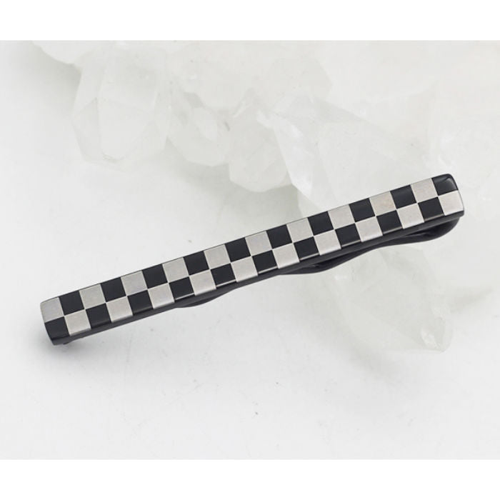 Black and Silver Ion Plated Checkered Stainless Steel Tie Clip - 00009